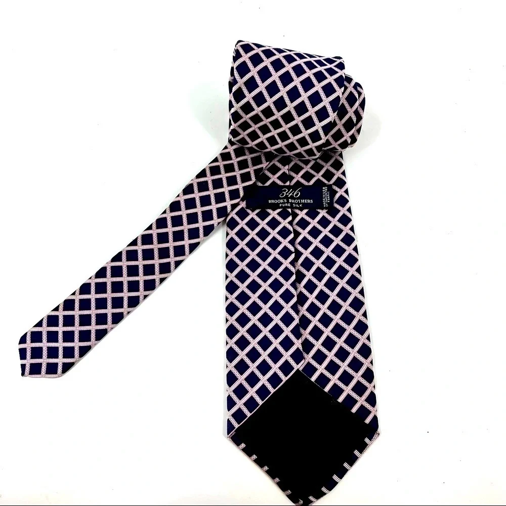 Brooks Brothers 346 Mens Silk Tie Navy Blue Pink White Grid‎ Check Pattern USA